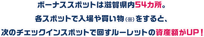 ボーナススポットは滋賀県内54カ所。各スポットで入場や買い物（※）をすると、次のチェックインスポットで回すルーレットの資産額がUP！