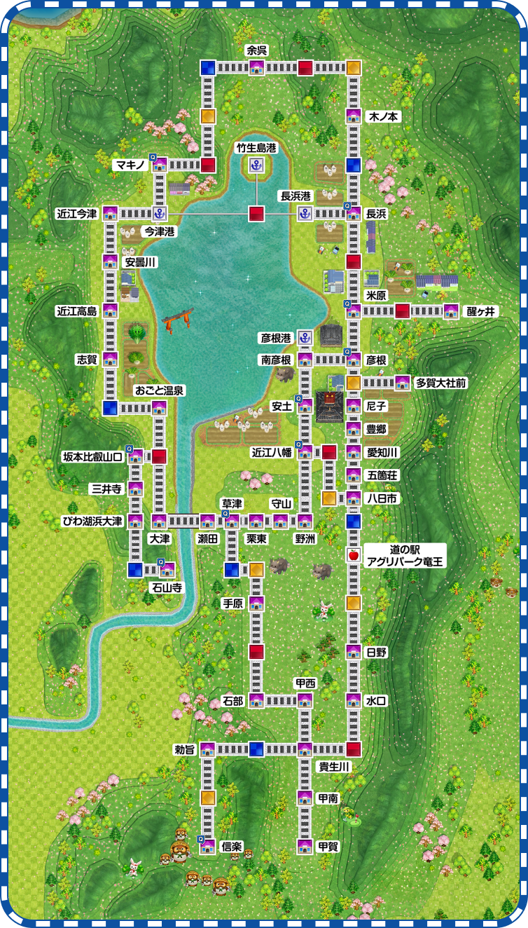 滋賀県オリジナルマップ。琵琶湖周辺のチェックインスポットを鉄道・船の路線とともに示しています。スポット名は続くチェックポイント一覧をご確認ください。