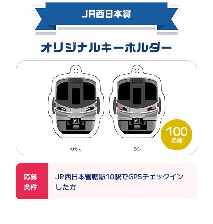 JR西日本賞：オリジナルキーホルダー。100名様。応募条件：JR西日本管轄駅を10駅めぐった人。